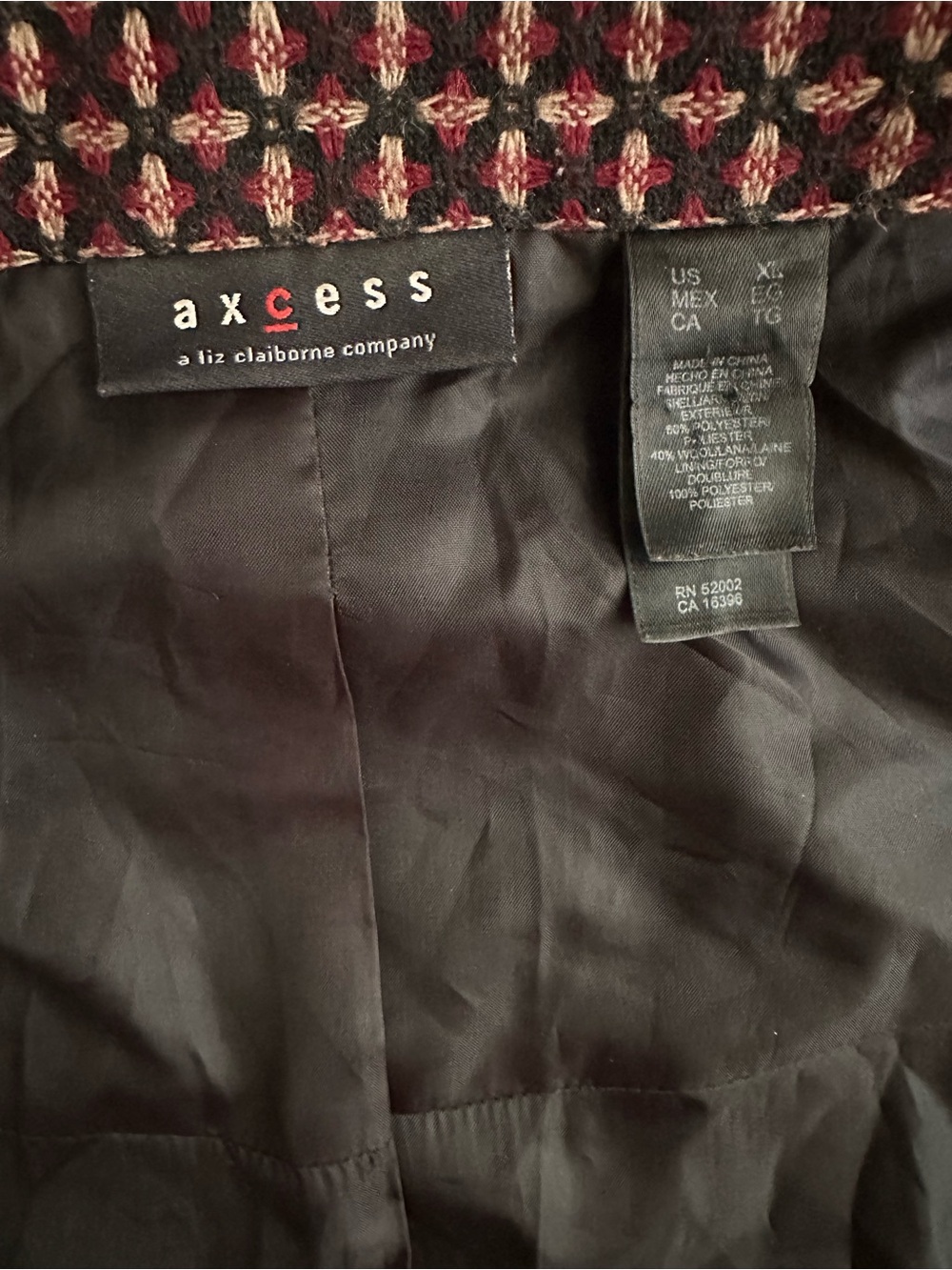 Axcess Liz Claiborne Wool Blend Cropped Swing Jacket Black Burgundy XL - Picture 5 of 7